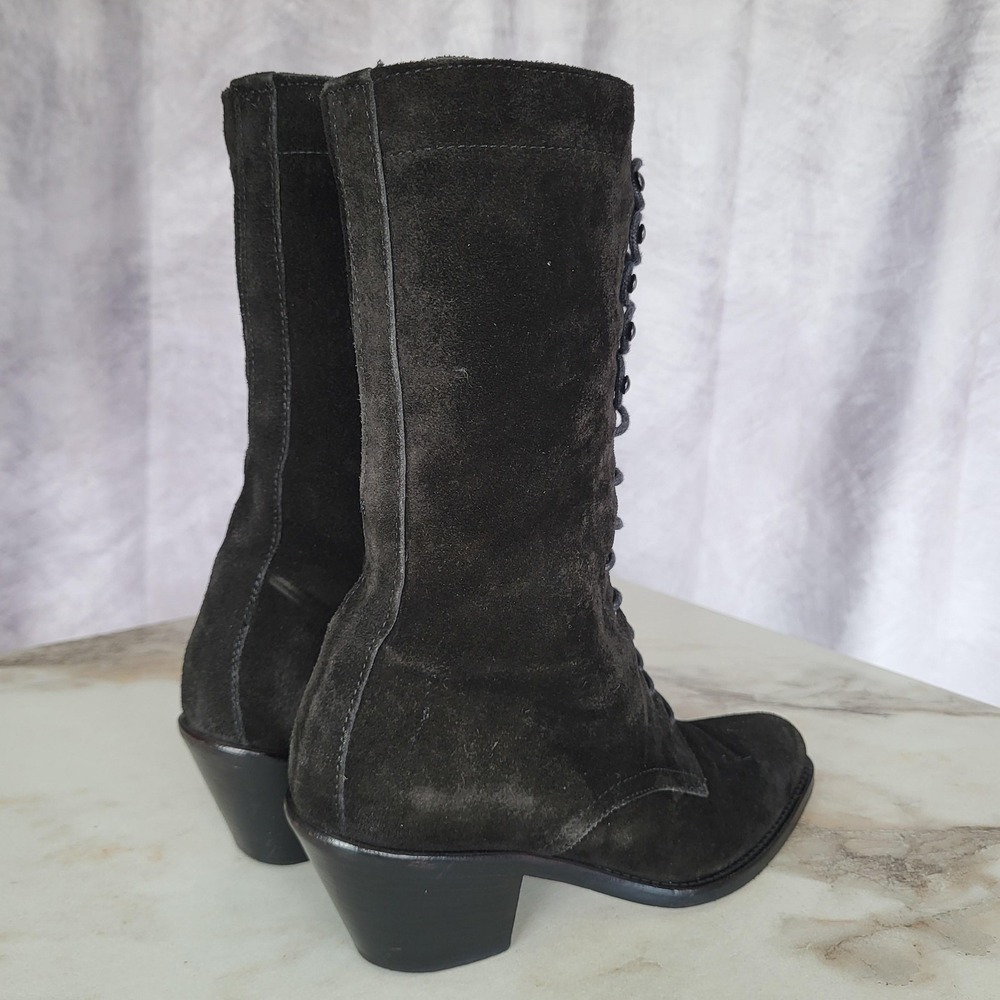 Joan David Tall Lace Up Black Suede Western Boots Womens Size 38 Square Toe - Picture 9 of 16